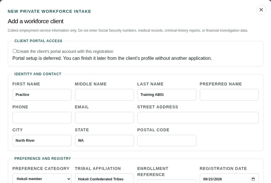 Top of the Add a workforce client form with portal setup deferred and fictional Practice Training information.